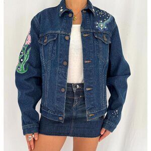 90s vintage blue denim embellished hand painted flowers jean jacket medium